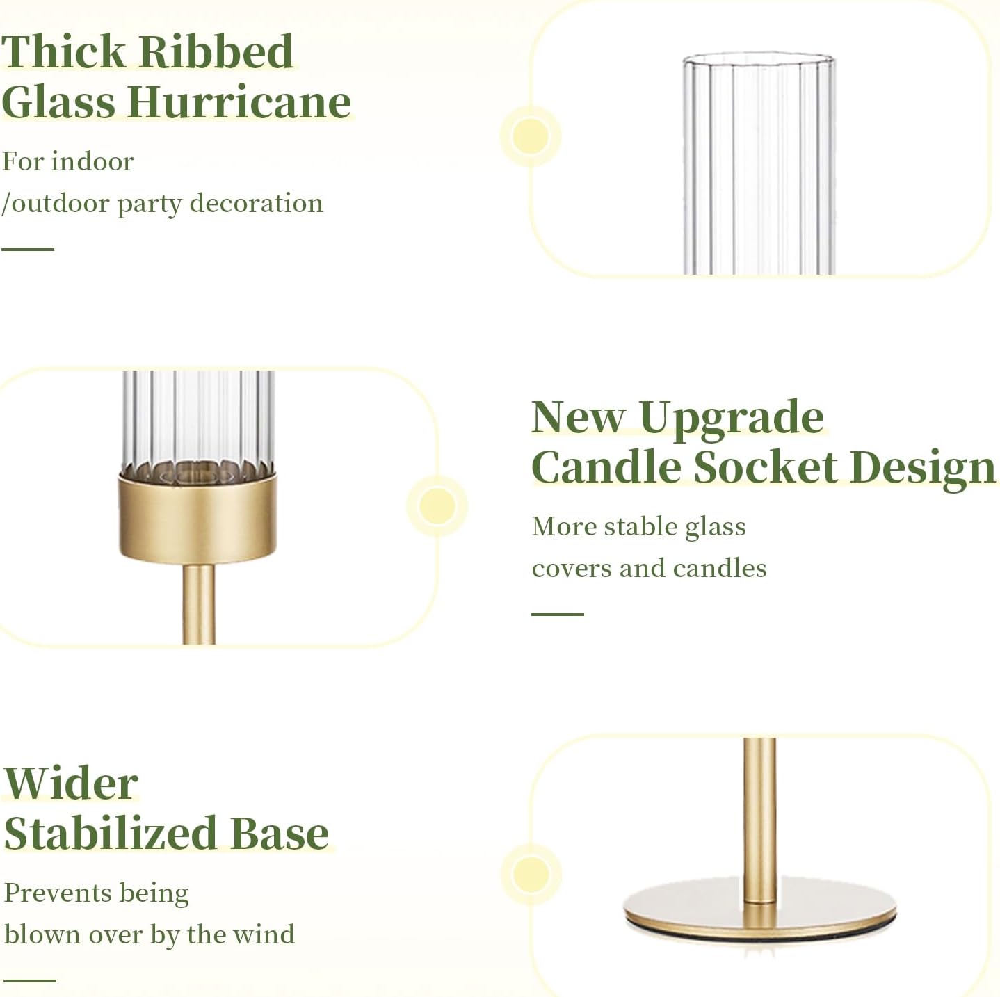 Glasseam Hurricane Gold Candlestick Holders: 6Pcs Taper with Glass Cylinder | Brass Candle Stick, Ribbed, Fluted Shade