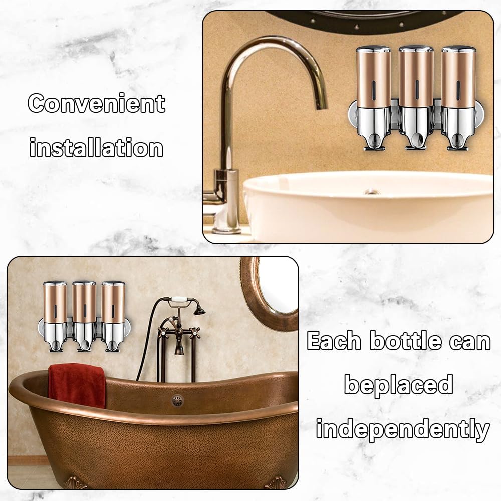3 in 1 Chamber Wall Mounted Shampoo and Conditioner Dispenser (Gold) | No Drill Shower Soap Dispenser for Bathroom &