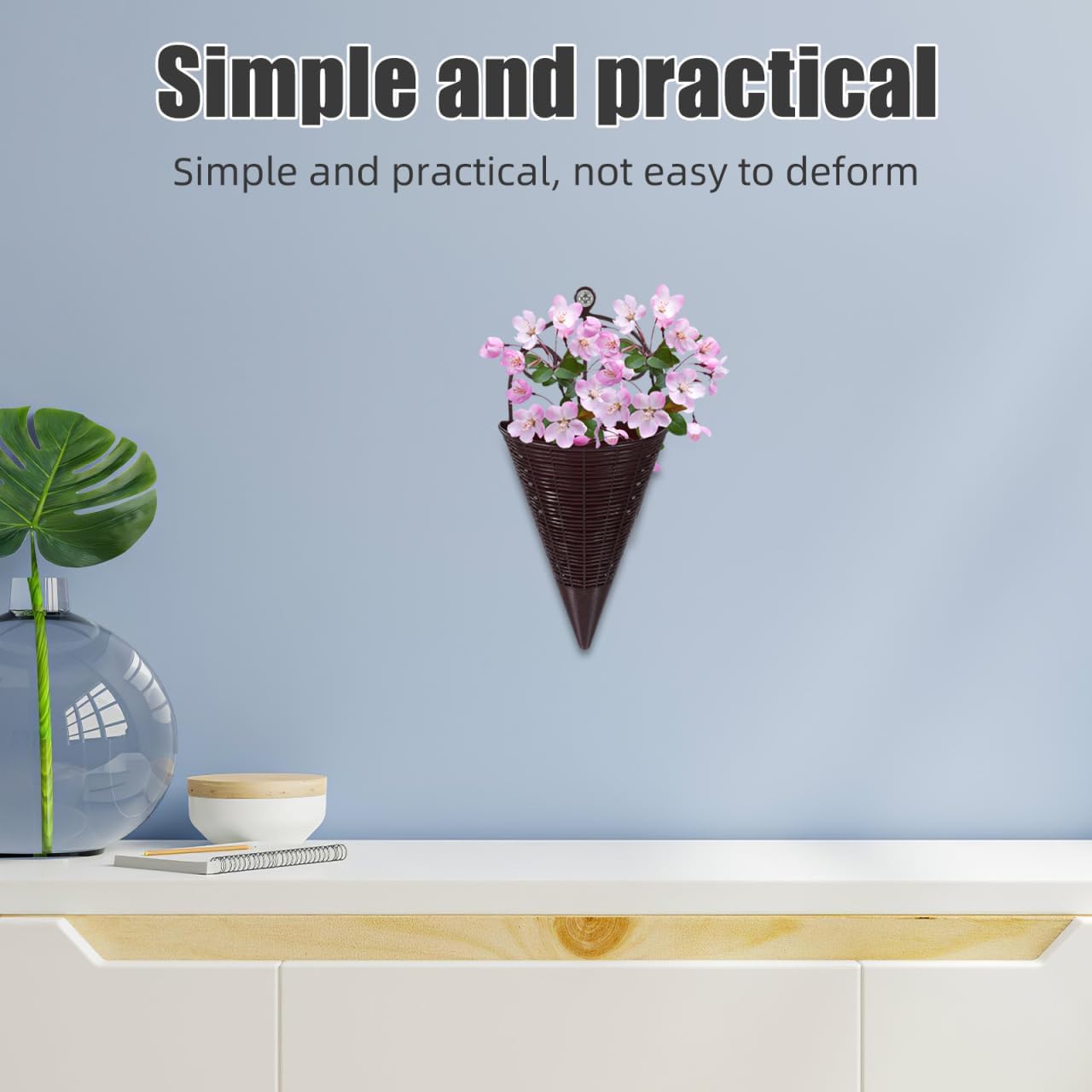Rattan Decorative Hanging Wall Basket Set Lightweight Cone Shaped Woven Planters for Balcony Garden