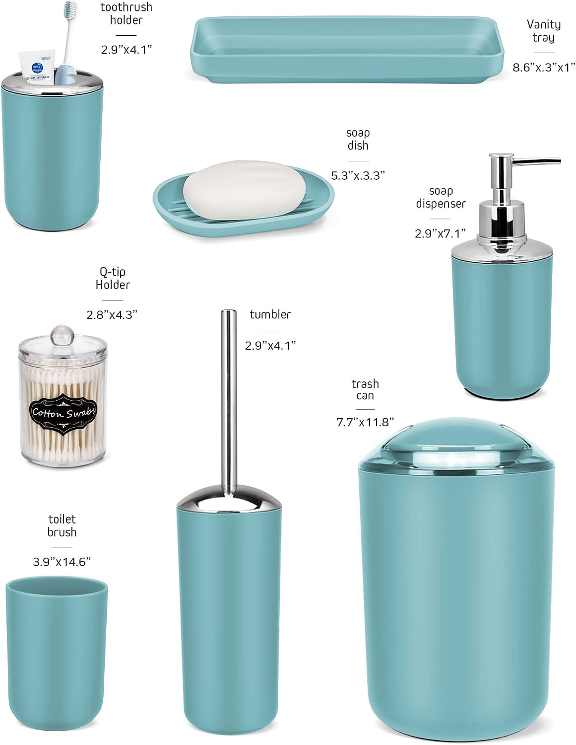 IMAVO Bathroom Accessories Set,Blue Bathroom Set,9 Pieces Bathroom Accessory Set,Tray,Qtip Holders,Toilet Brush,Trash