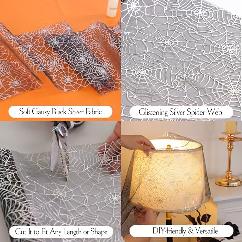 Snowkingdom Halloween Table Runner, Silver Spider Web Metallic Sequin Glitter Sheer Runners Roll 120", Black Table Decorations for Halloween, Wedding, Birthday, Themed Party, Christmas