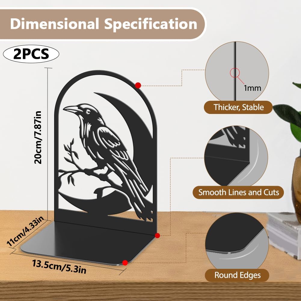Large Book Ends Metal Non-Slip Bookends Heavy Duty Stoppers / Moon and Crow / Black / Set of 2