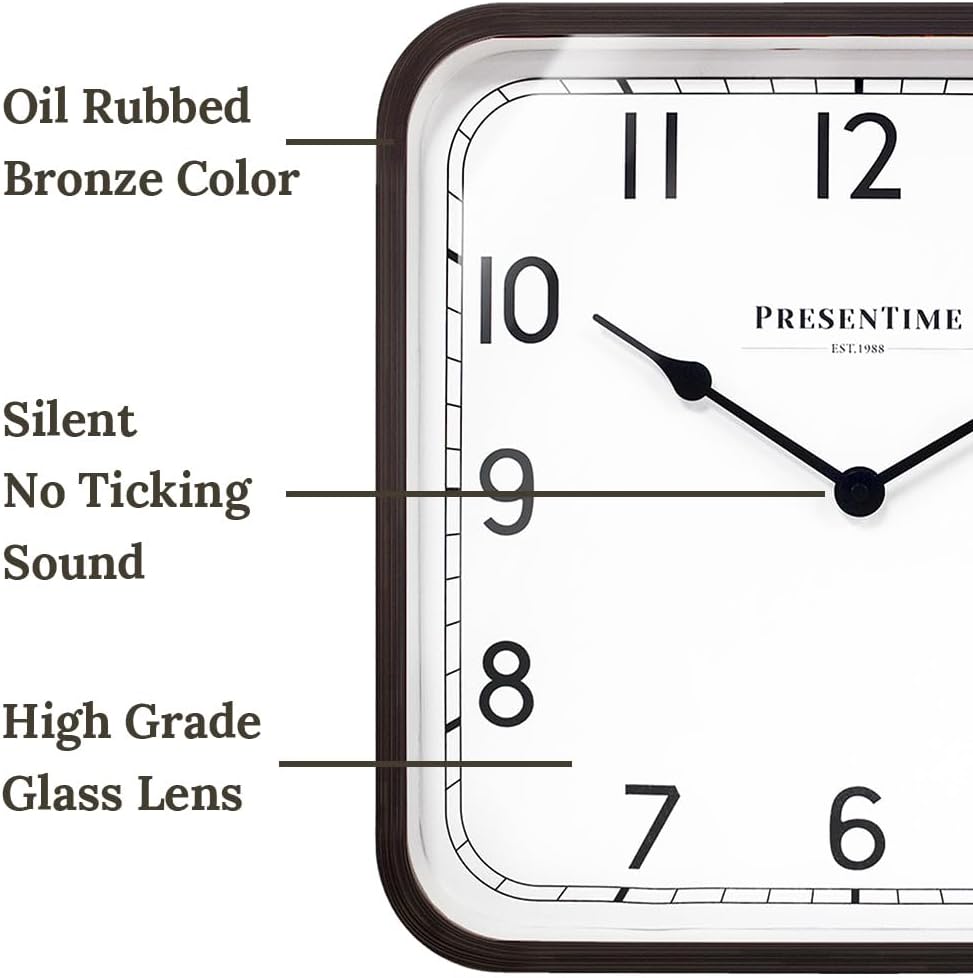 16" Anton Modern Farmhouse Square Clock | Silent No Ticking, Wall Art and Timepiece for Home Decoration/Wall Décor, Oil