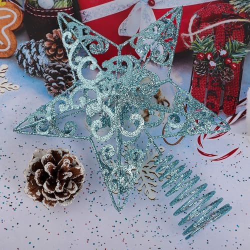Aneco 10 Inches Christmas Treetop Star Metal Glittered Christmas Tree Topper Xmas Tree Decoration Topper for Christmas Holiday Home Office School Mall Decor, Blue