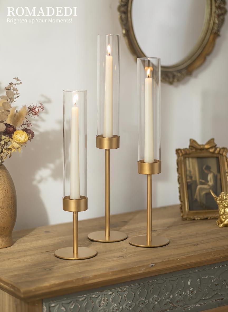 Romadedi Glass Hurricane Candle Holders for Candlestick, Gold, Set of 3 | Removable Borosilicate Clear Glass Cylinder