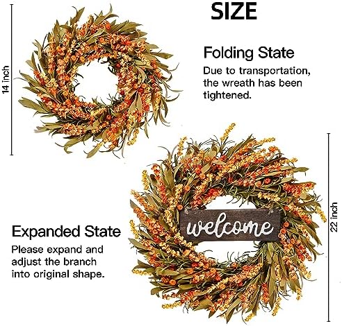 Sggvecsy Artificial Fall Wreath - 22'' Autumn Front Door Wreath with Harvest Foam Leaves, Small Pumpkins for Outside, Indoor Wall, Window Festival, Thanksgiving Decor