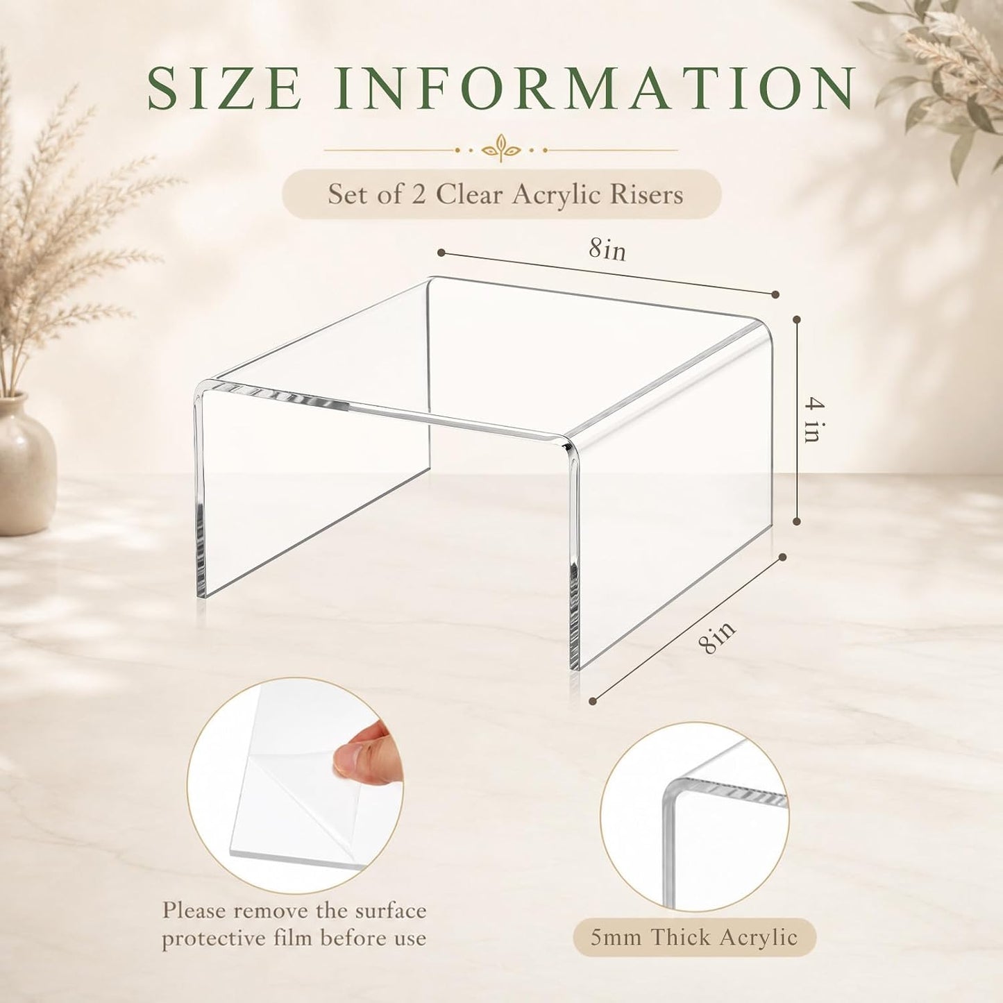 RattanView 2 Pcs 8 x 8 x 4 Inch Large Acrylic Risers Display Stands 5 mm Thick Acrylic Shelf Riser Showcase for