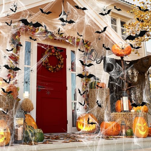 Famoby 1200 sqft Halloween Spider Webs and 120pcs Fake Bats and 50pcs Fake Spiders Super Stretch Cobwebs Party Decorate for Halloween Theme Indoor and Outdoor Decoration