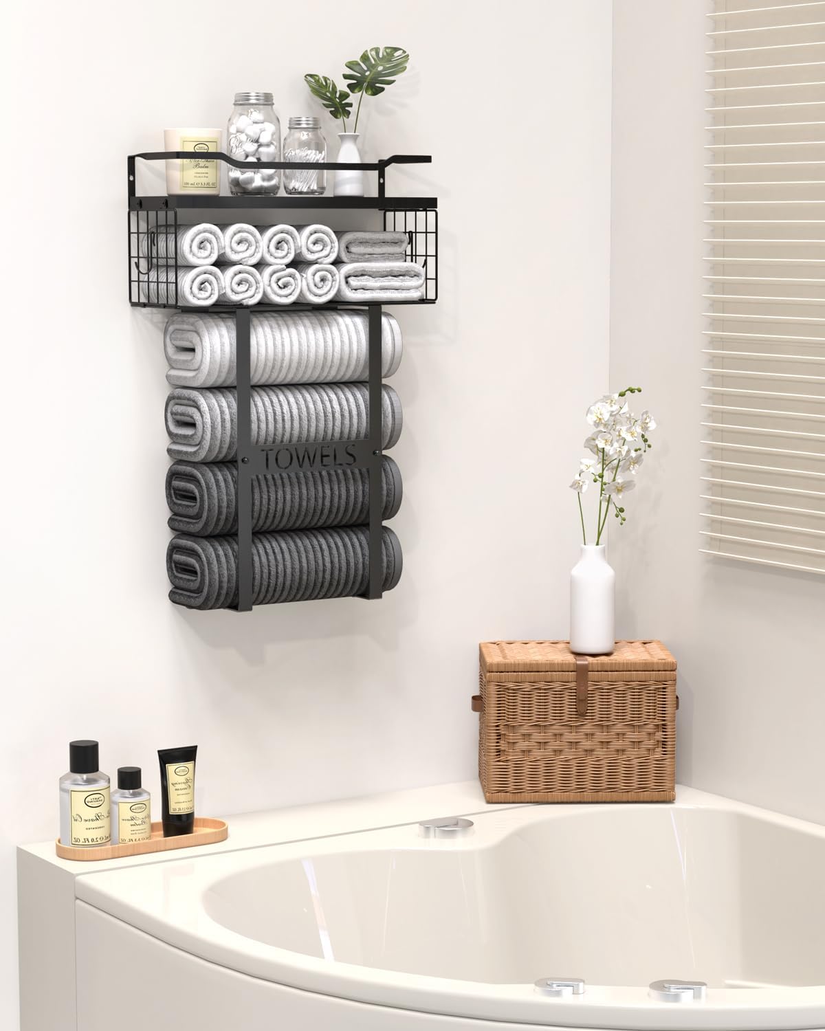 Aetyord Towel Racks for Bathroom Wall Mounted Towel Storage Organize | Towel Storage with Wood Shelf & Metal Basket,Fit
