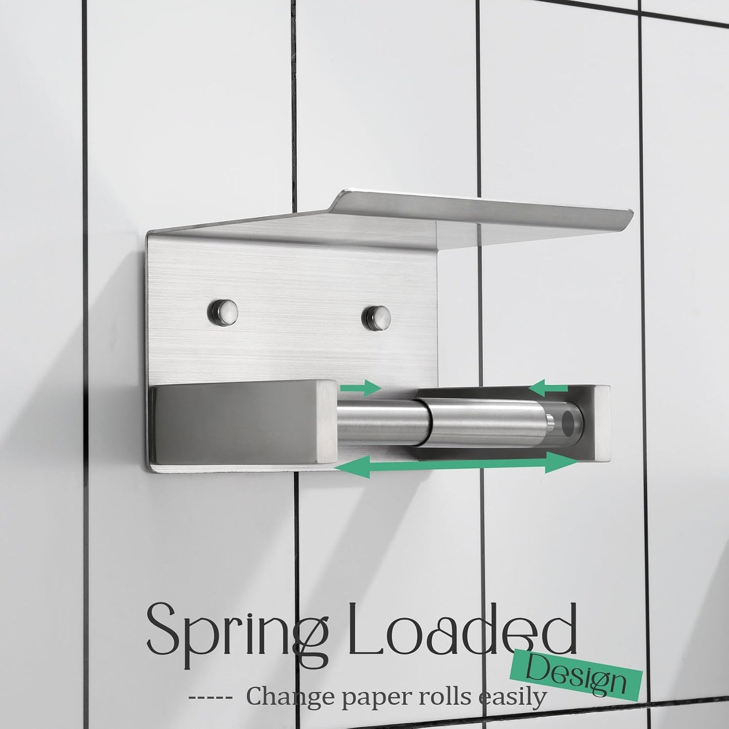 KOKOSIRI Roll Paper Holder Spring Loaded Bathroom Toilet Paper Holder Tissue Paper Holder with Shelf Wall Mounted