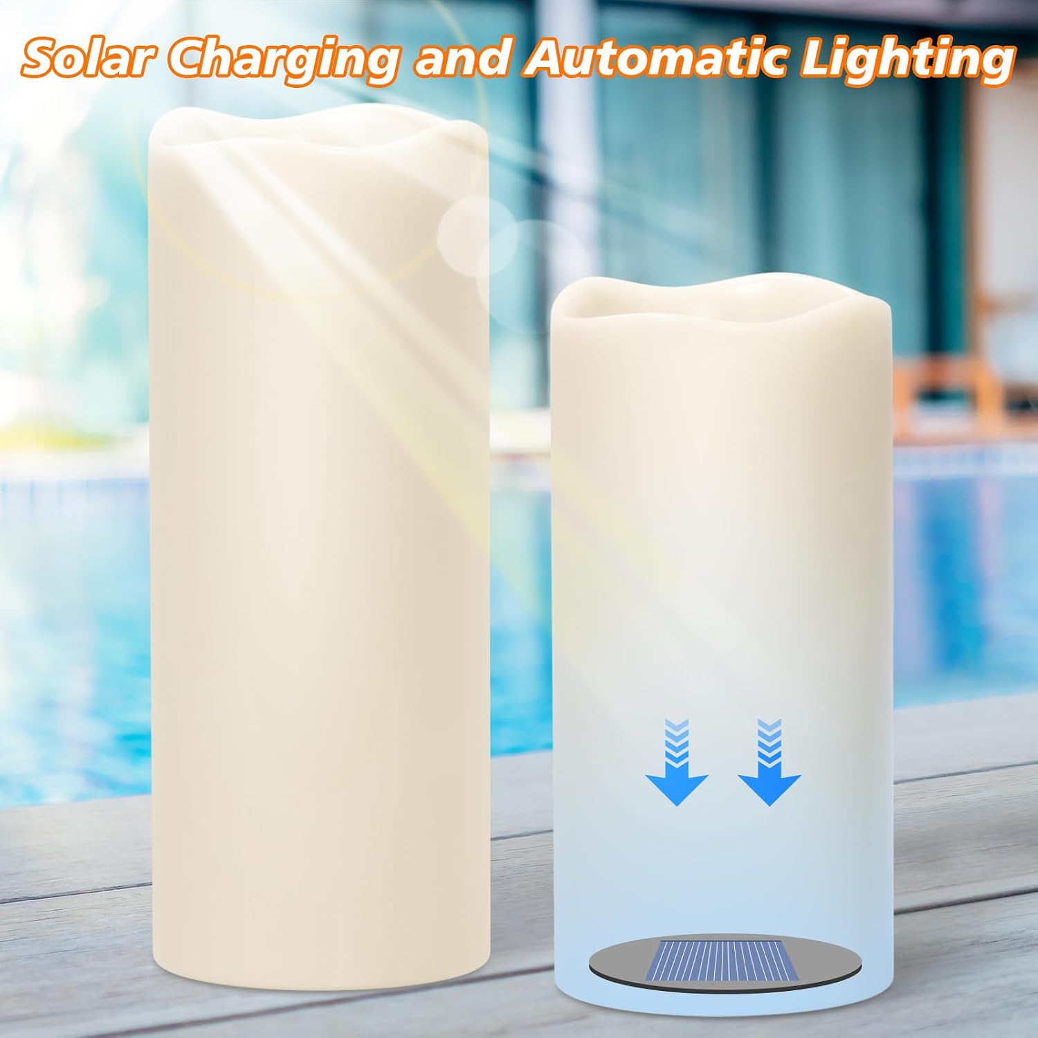 GenSwin Solar Candles Outdoor Waterproof Lantern Ivory White 4 x 8,10 in | IP65, Sensor for Dusk to Dawn, Large Pillar
