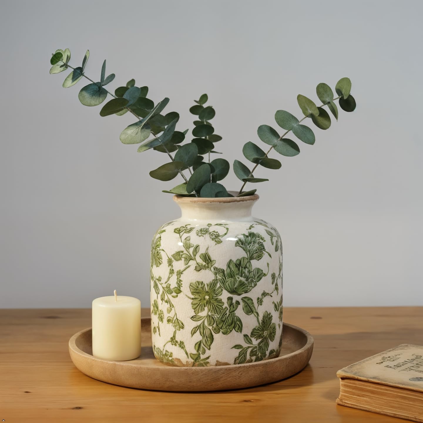 Vintage Crackle Glaze Ceramic Flower Vase / Small Vintage Round Floral Vase / Green