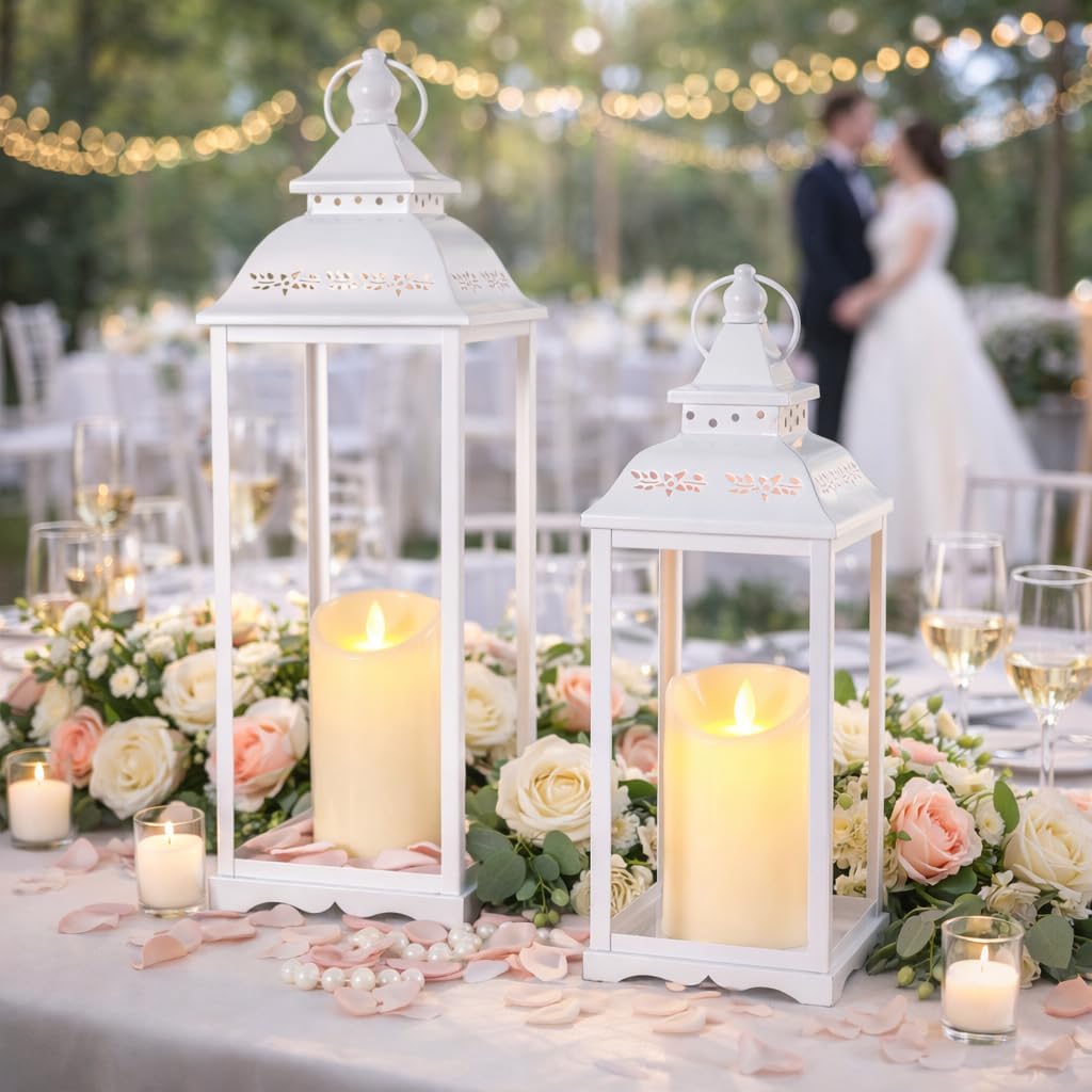 Decorative Candle Lanterns Set of 2, White Metal for Indoor & Outdoor | Ideal For Porch, Entryway, Wedding & Christmas