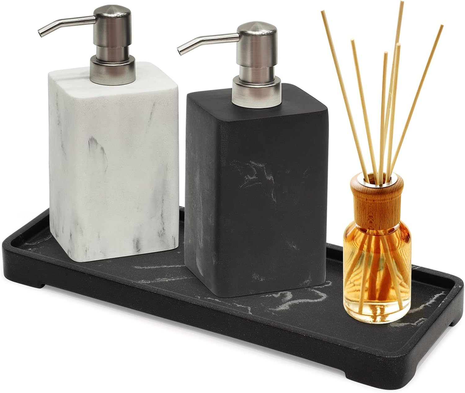 2pcs Hand Soap and Lotion Dispenser Sets for Bathroom Countertop,Black Marble Texture Resin Stone Liqiud Dish Soap