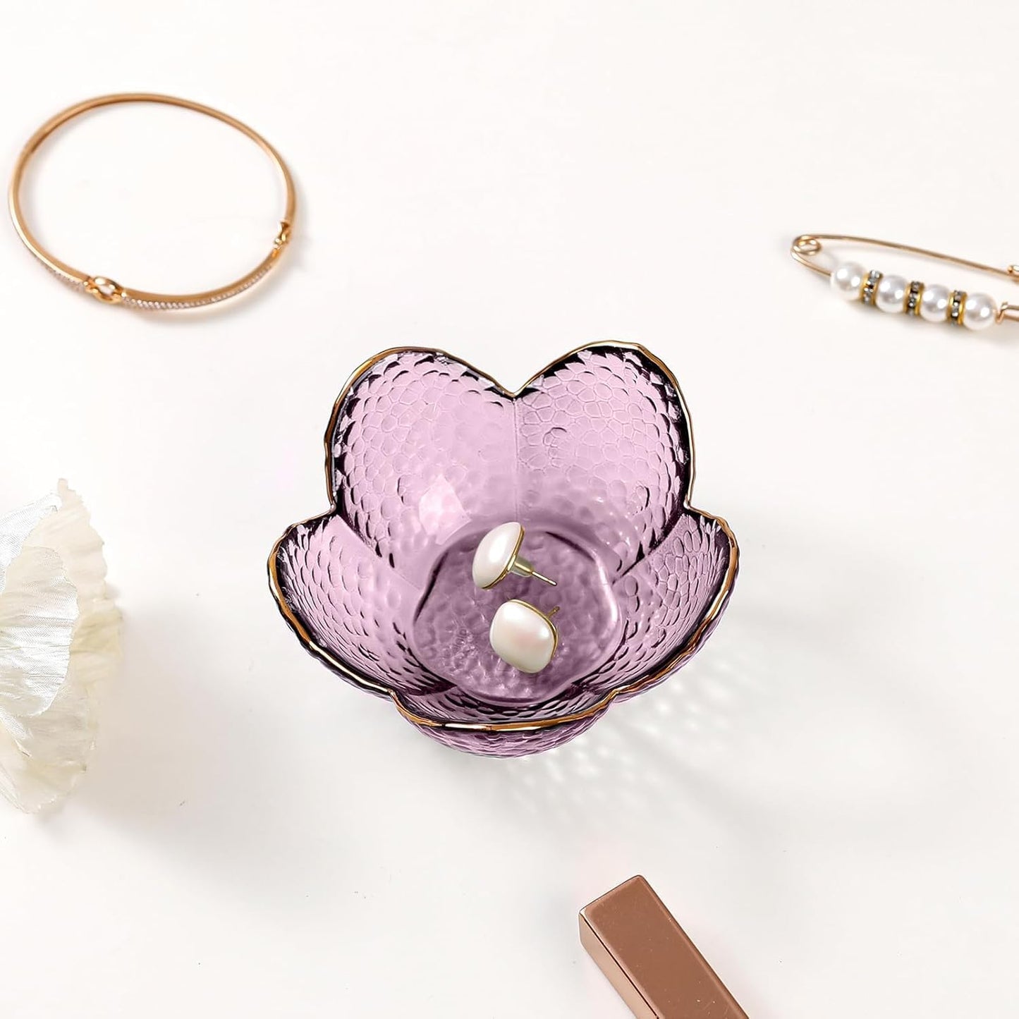 Gifts for Women Purple Flower Jewelry Dish Glass Ring Holder Decorative / Flower Purple / Set of 2