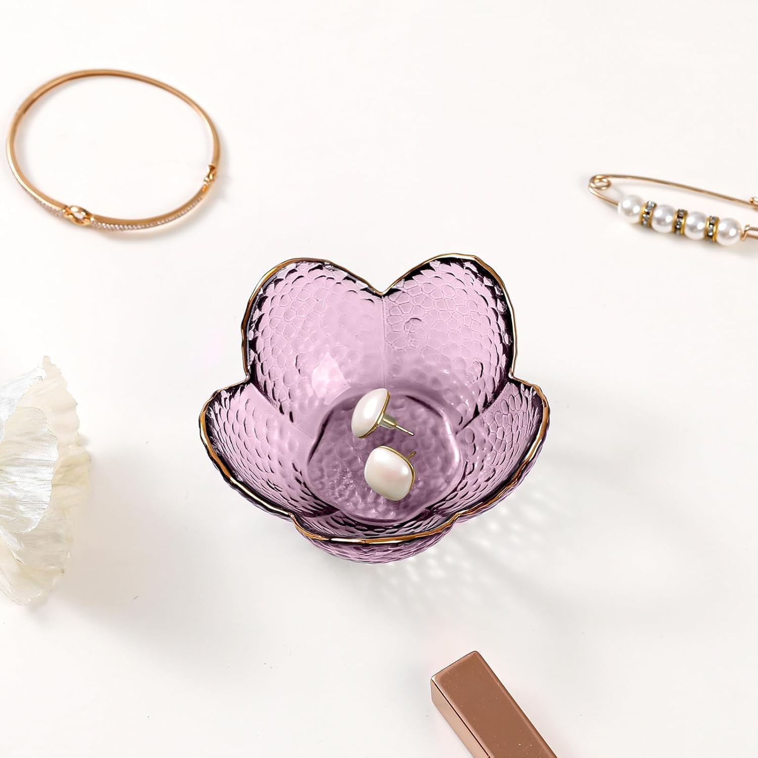 Gifts for Women Purple Flower Jewelry Dish Glass Ring Holder Decorative / Flower Purple / Set of 2