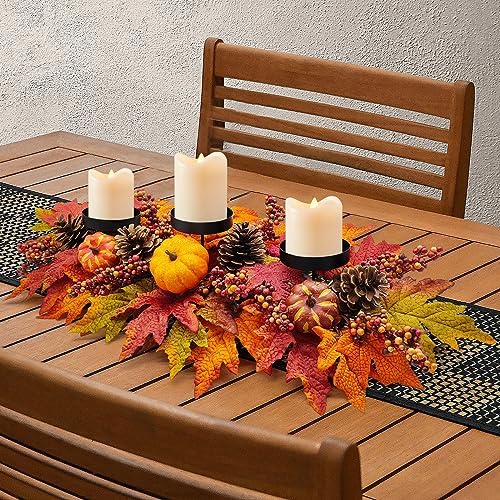 Fall Centerpiece Table Decorations, 27.5'' L Assorted Artificial Pumpkins, Pine Cones, Berries, and Autumn Leaves Harvest Table Candle Holder for Dinning Table, Fireplace Mantel (Candle Not Included)