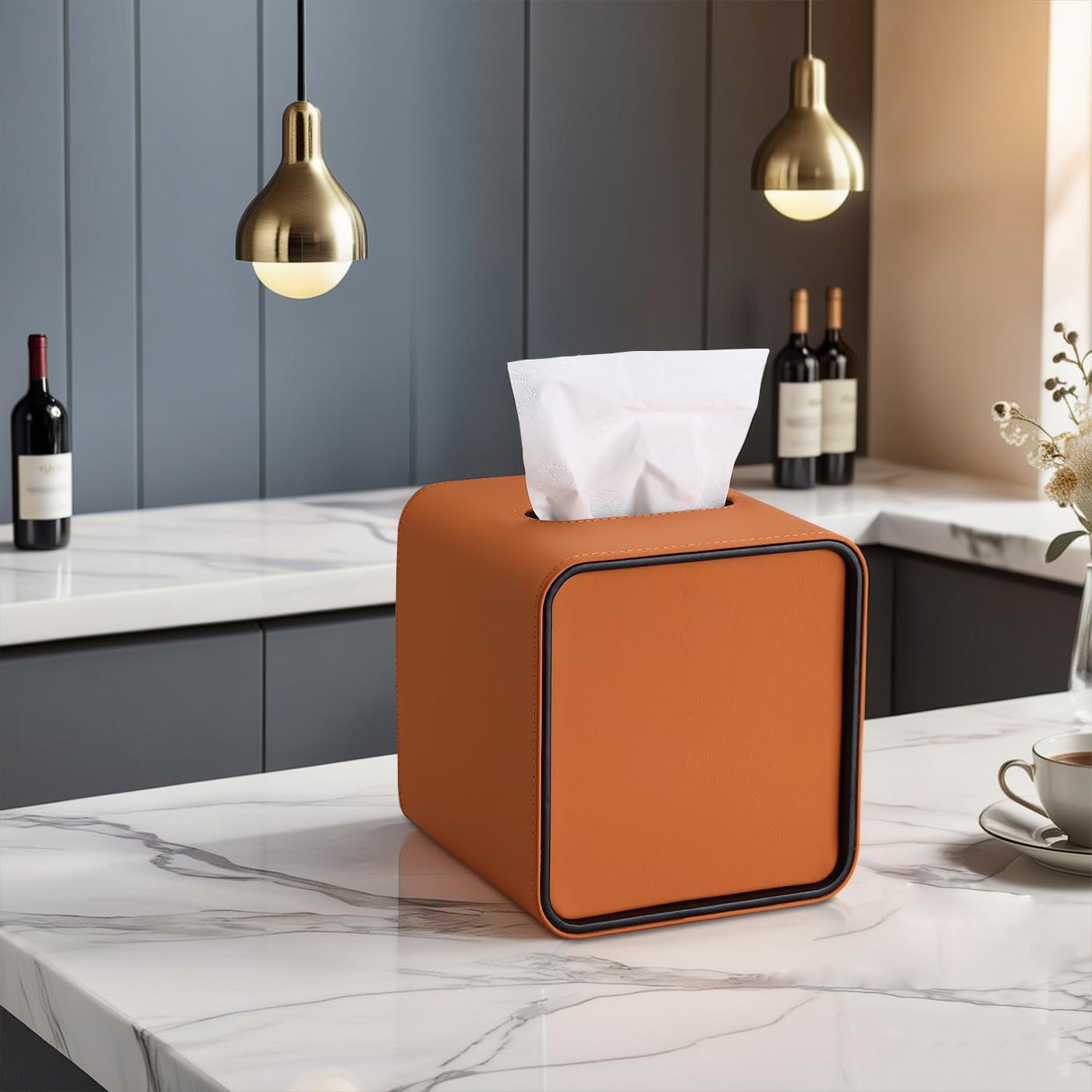 PU Leather Tissue Box Holder / Orange / Square