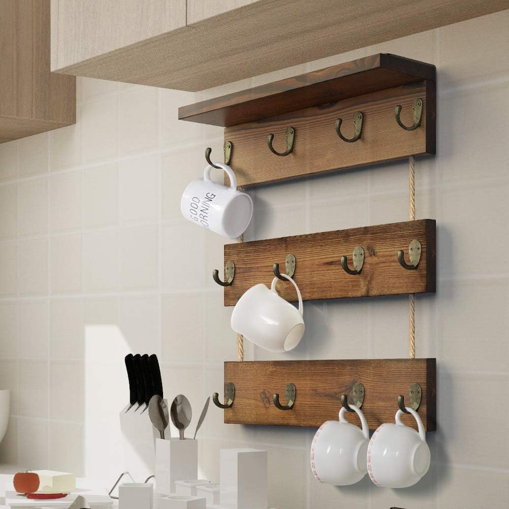 12 Hooks Coffee Cup Holder Solid Wood Mug Rack with Shelf Coffee Bar Mug Display Rustic Kitchen Storage Rack for