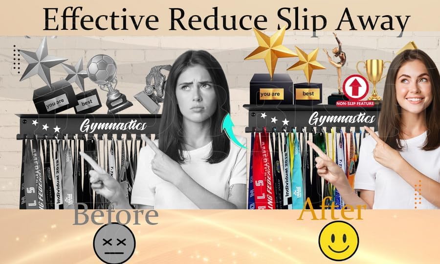 iBobbish Metal Medal Hanger Display,Non-Slip Trophy Shelf with 20 Hooks,Wall Mount,Heavy Duty,Non-Bent,Holds