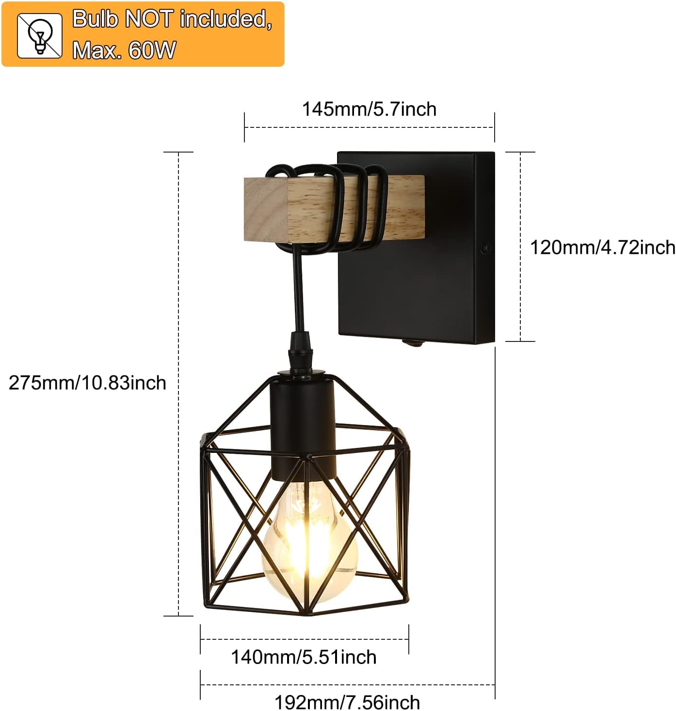 Lightess Black Cage Industrial Wall Sconce with ON/Off Switch Set of 2 | Metal Cage Shade Creates Vintage Glow