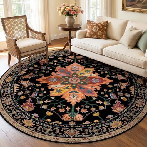 RELEANY Washable Area Rug, Round 7ft, Black/Colorful