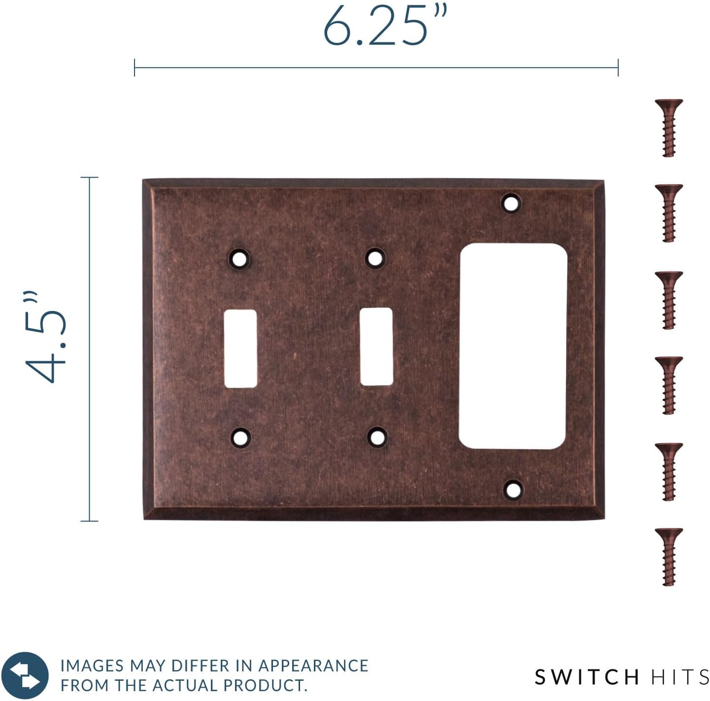 Mottled Antique Copper Outlet Wall Plate | 2 Toggle - 1 GFI Rocker | 6.25" x 4.5" | Hand-Polished Brass Construction