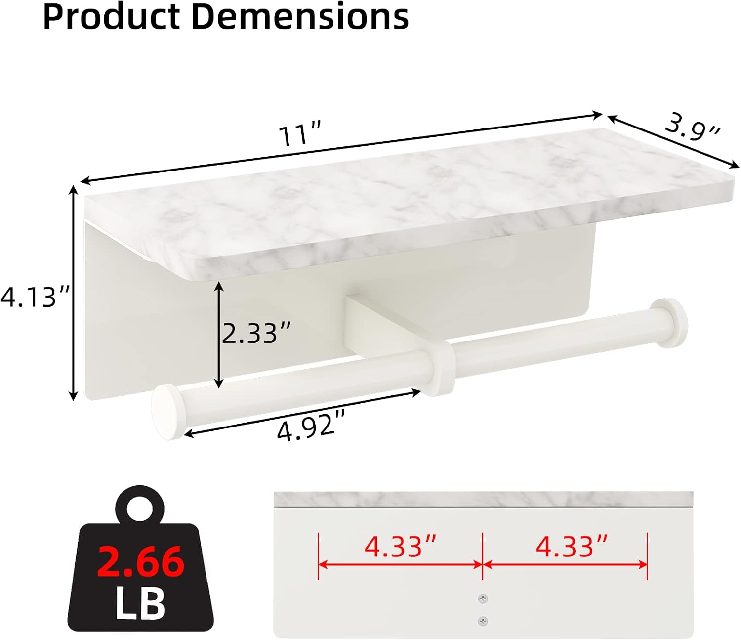 Gypie Double Toilet Paper Holder, Toilet Paper Wall Mount, White Marble | Toilet Paper Holder with Shelf, Stainless