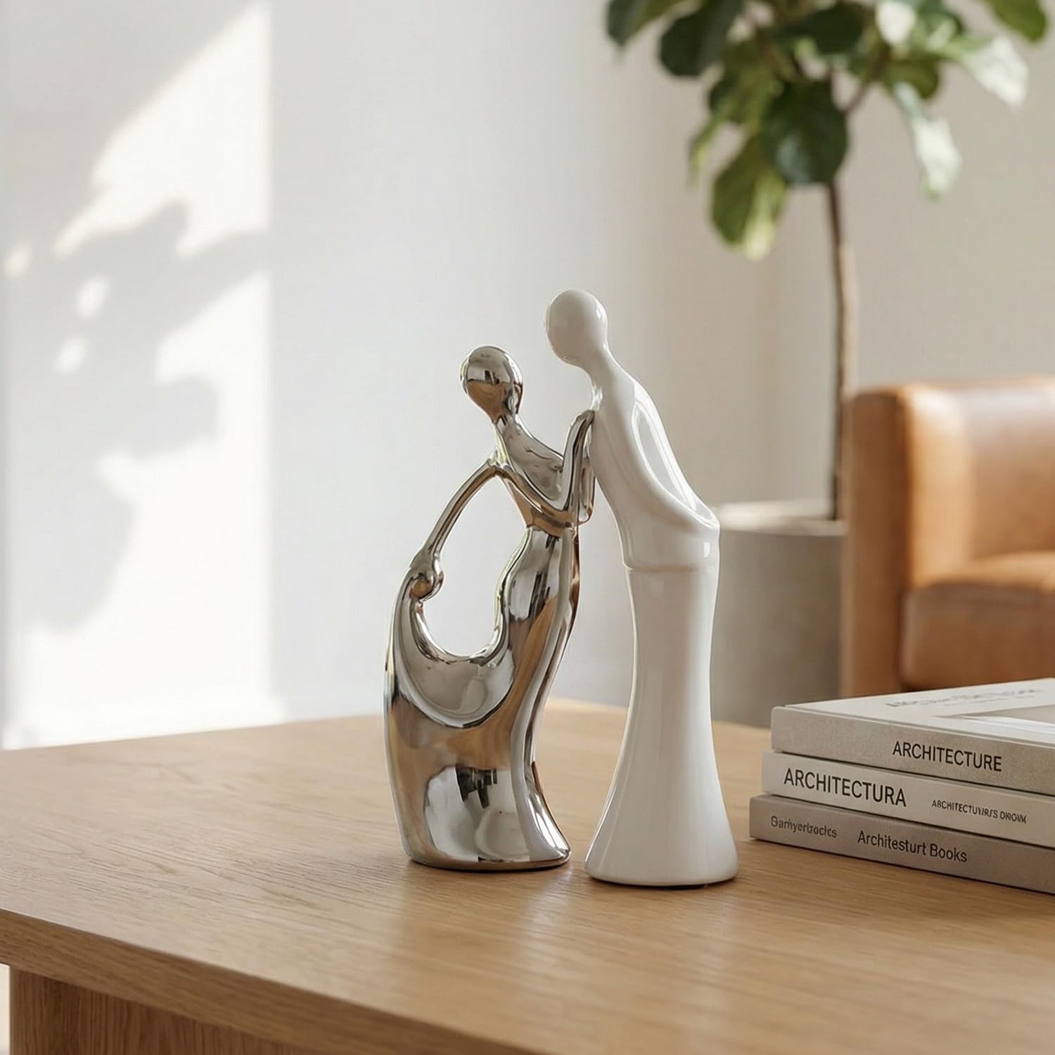Ceramic Couple Statues Home Decor Lover Sculpture Figurine / White and Silver