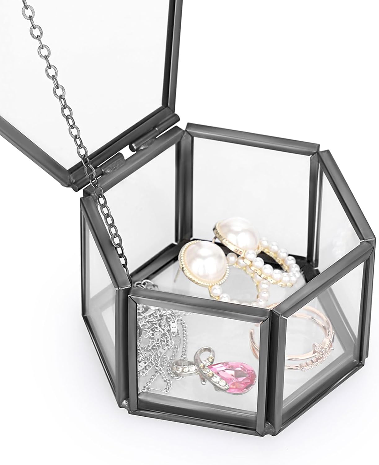 Hexagonal Jewelry Display Organizer Keepsake Box Home Decorative Box Case / Small / Black