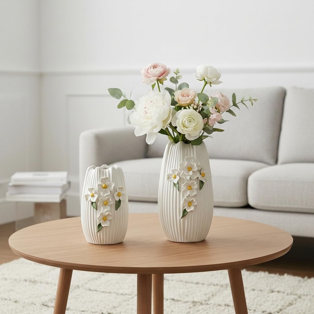 White Ceramic Vase / White and Yellow / 7 Inch
