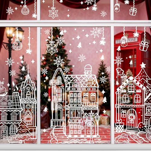 AhfuLife Large Christmas Window Clings Decorations, 27 x 15 in, 4 Sheets Double Side Xmas Snowflake White House Window Decals Stickers for Home Party Indoor Shop Decorations