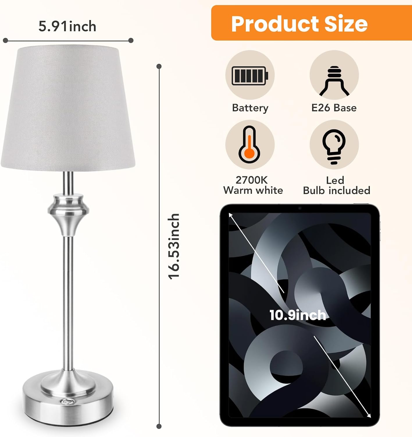 Portables Cordless Table Lamp,Flaxen Fabric Shade Battery Operated Lamp,5200mAh Bedside Table Lamp with Warm White,3