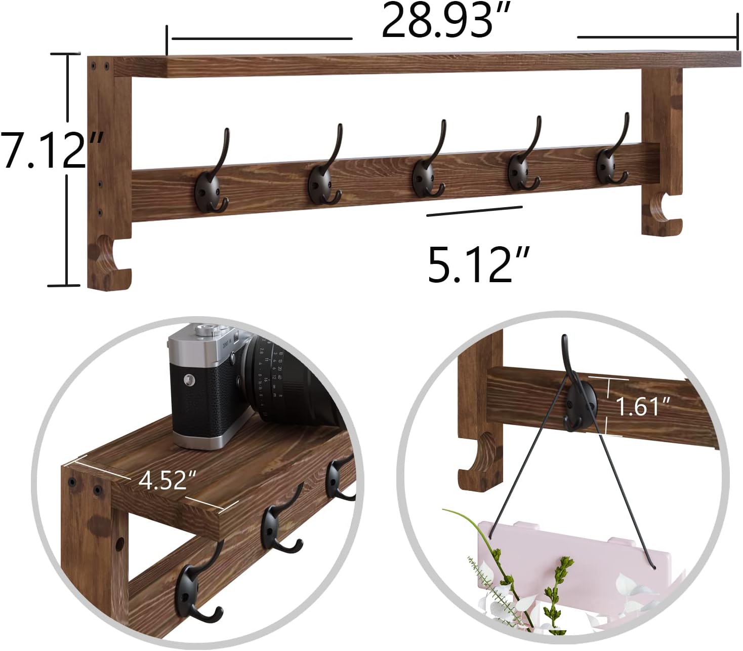 AMBIRD Coat Rack Wall Mount with Shelf, 28.9 Inches Coat Hooks Wall Mounted with 5 Hooks, Wall Hat Hooks for Hanging in