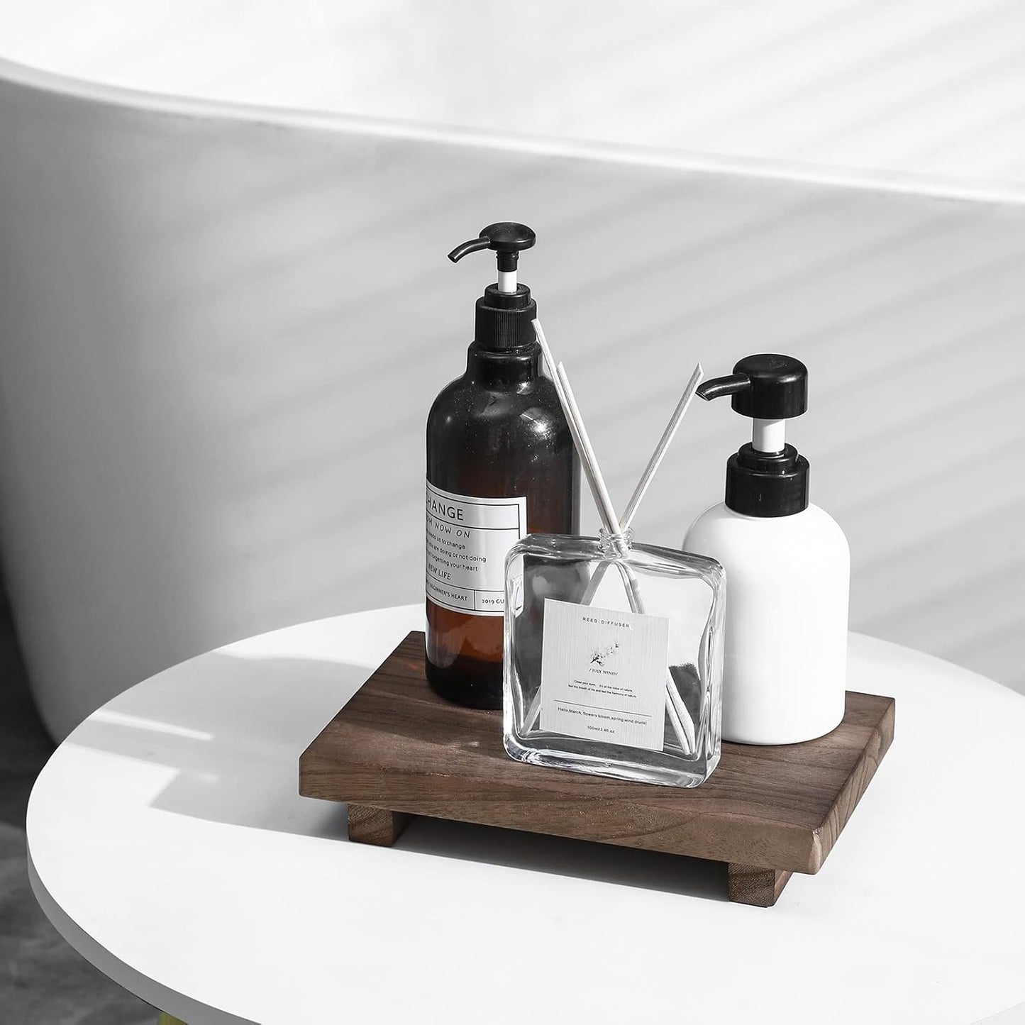Small Wood Tray Pedestal Stand Farmhouse Bathroom Decor Decorative Wooden / Walnut / 9 x 5.9 x 1.6