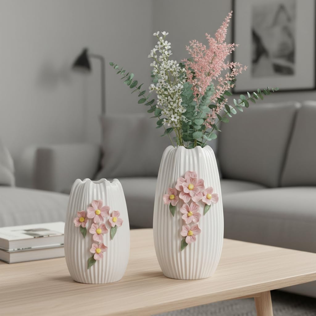 White Ceramic Flower Vase / White and Pink / 7 Inch