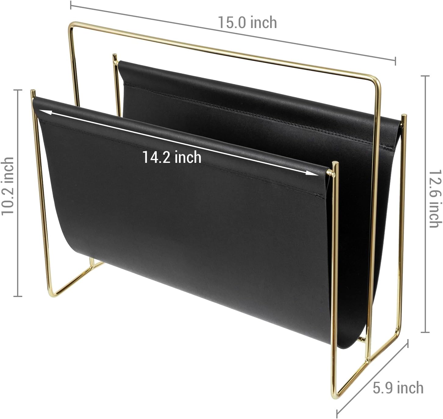 MyGift 15-Inch Modern Black Leatherette & Brass Plated Metal Magazine Holder – Floor Standing Faux Leather Sling Style