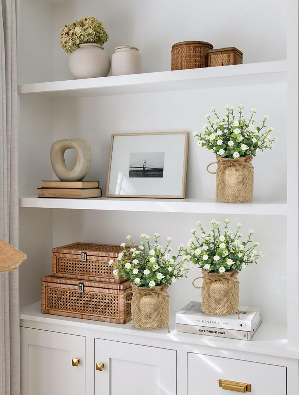 Faux Baby’s Breath Plant / White-burlap / Set of 3