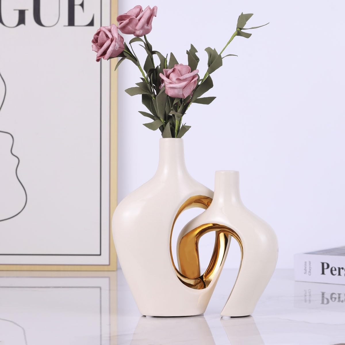 Ceramic Vase / Modern Donut & Hollow Style / White and Gold / Set of 2