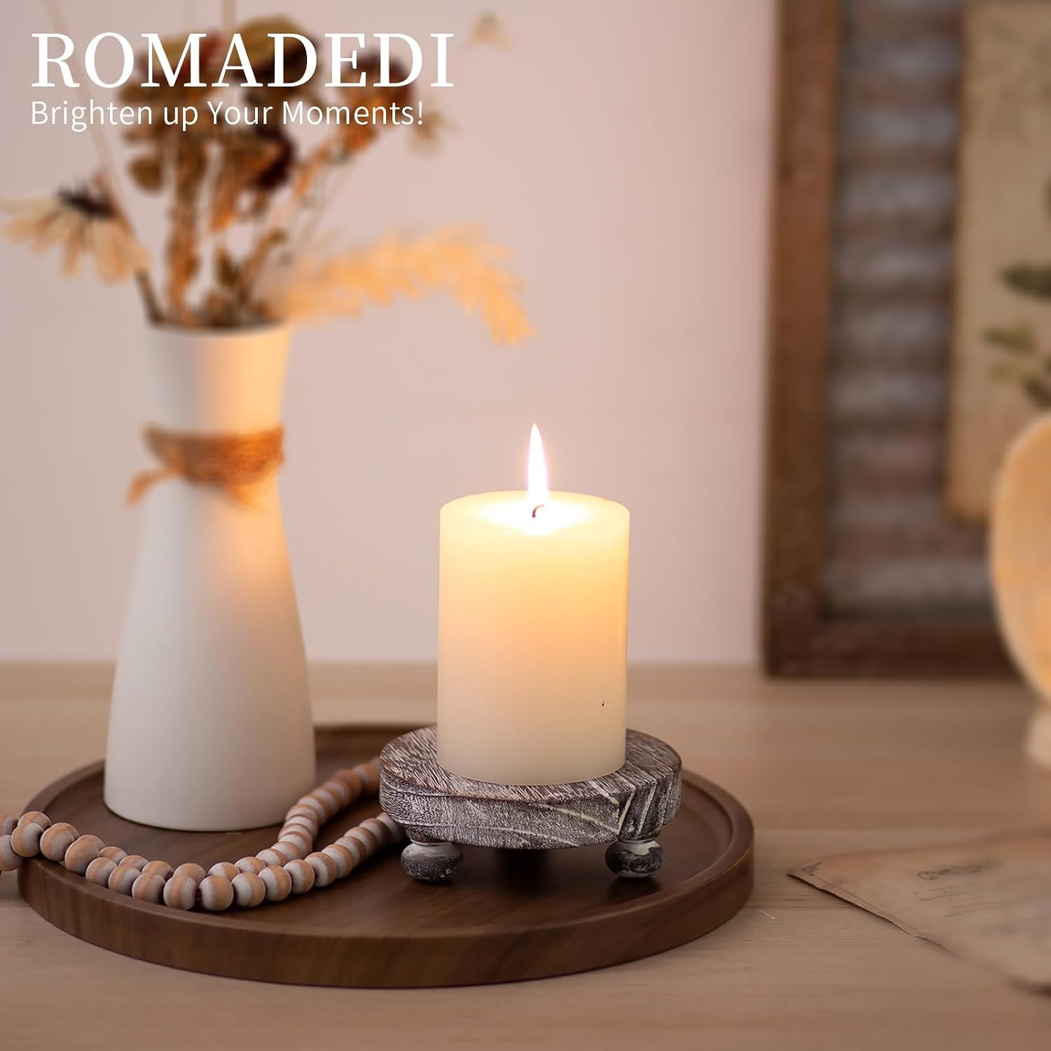Rustic Decor Mini Wooden Pedestal Stand Decorative Round Tray / Whitewashed / Set of 2