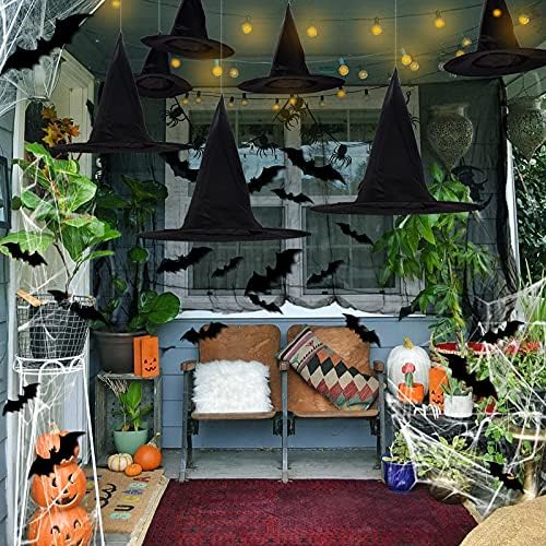LINAYE Halloween Witches Hat XL Kit - 8 PCS Black Witch Hats with Hanging Rope,16 PCS 3D Bat,Spider Web,Creepy Cloth Halloween Hanging Decoration Decor Wizard Hats