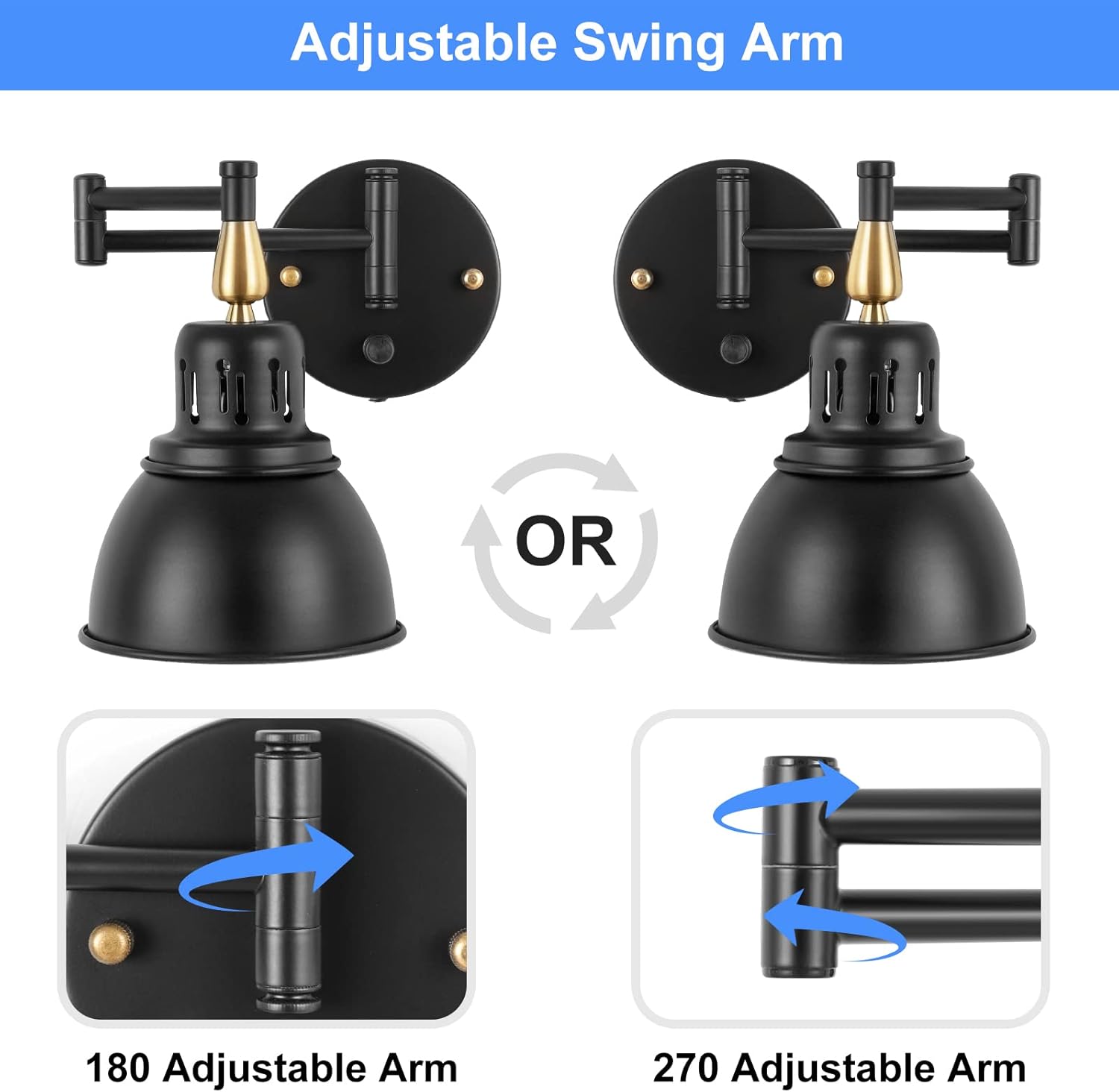 TRLIFE Dimmable Swing Arm Wall Lights with Plug in Cord Wall Mounted Light Industrial Wall Sconce , E26 Base, UL