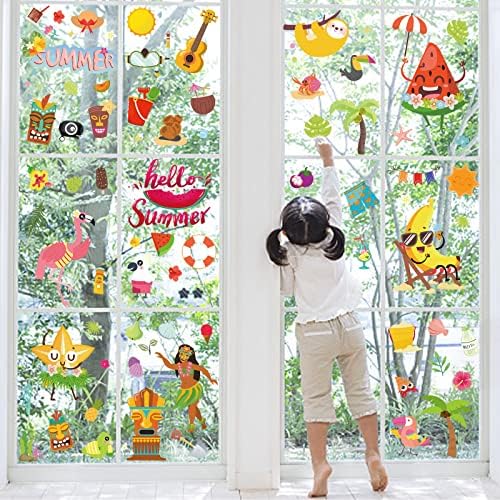 88Pcs Summer Window Clings, Summer Hawaii Gnomes Sun Beach Ice Cream Drinks Sunglasses Window Stickers Decals, Window Decals for Summer Party Decor Tropical Themed Party Beach Party Decor
