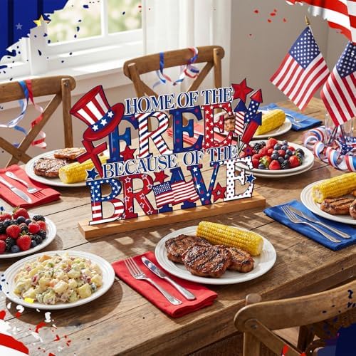 Cinnvoice Patriotic Memorial Table Decorations 11.8 Inch Metal 4th of July Sign Red White and Blue 250th Centerpieces with Wooden Base for Americana Veterans Day Party Supplies Shelf Office Home