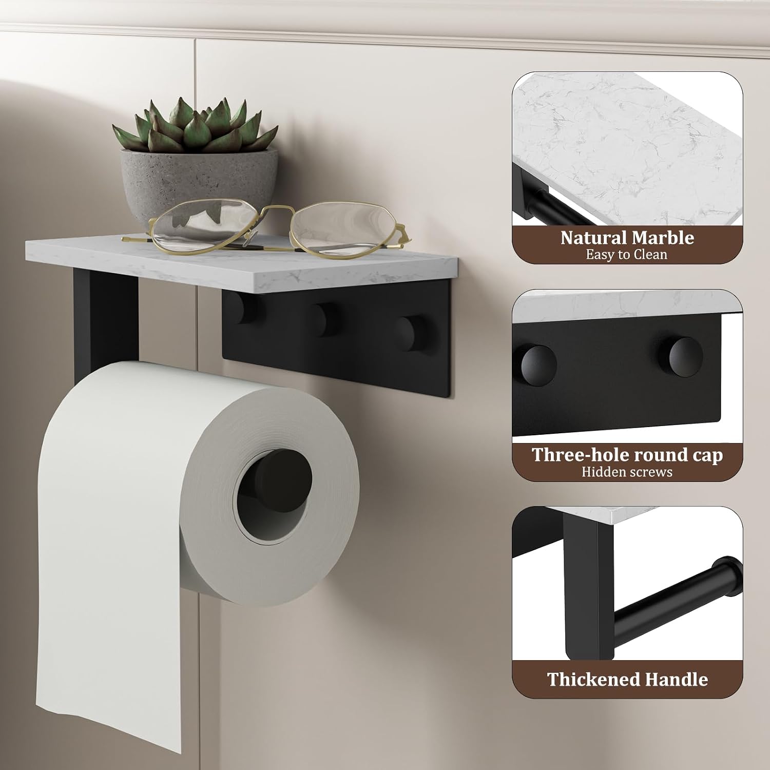 BWE Matte Black Toilet Paper Holder with Marble Shelf Wall Mounted | Toilet Paper Roll Holder with Phone Shelf 304