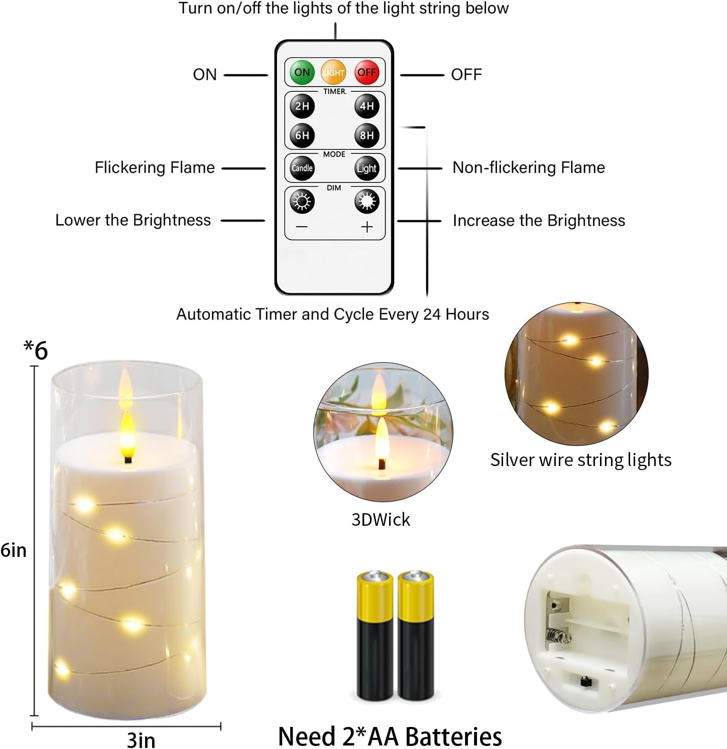 Flickering Flameless Candles with Remote Timer, 6pcs LED Battery Operated Candles with Embedded String Lights White, D3