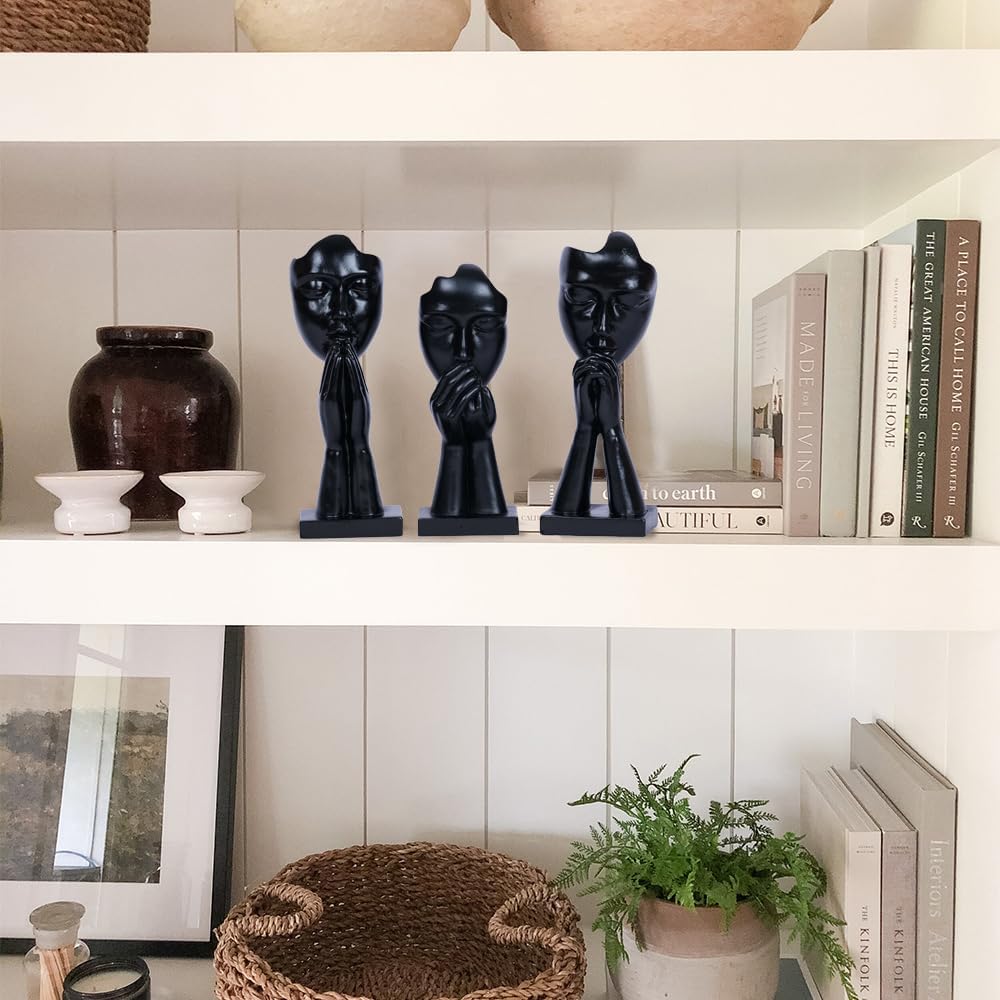 Prayer Statue Abstract Woman Black Face Sculpture Home Decorations Modern / Black Prayer / Set of 3