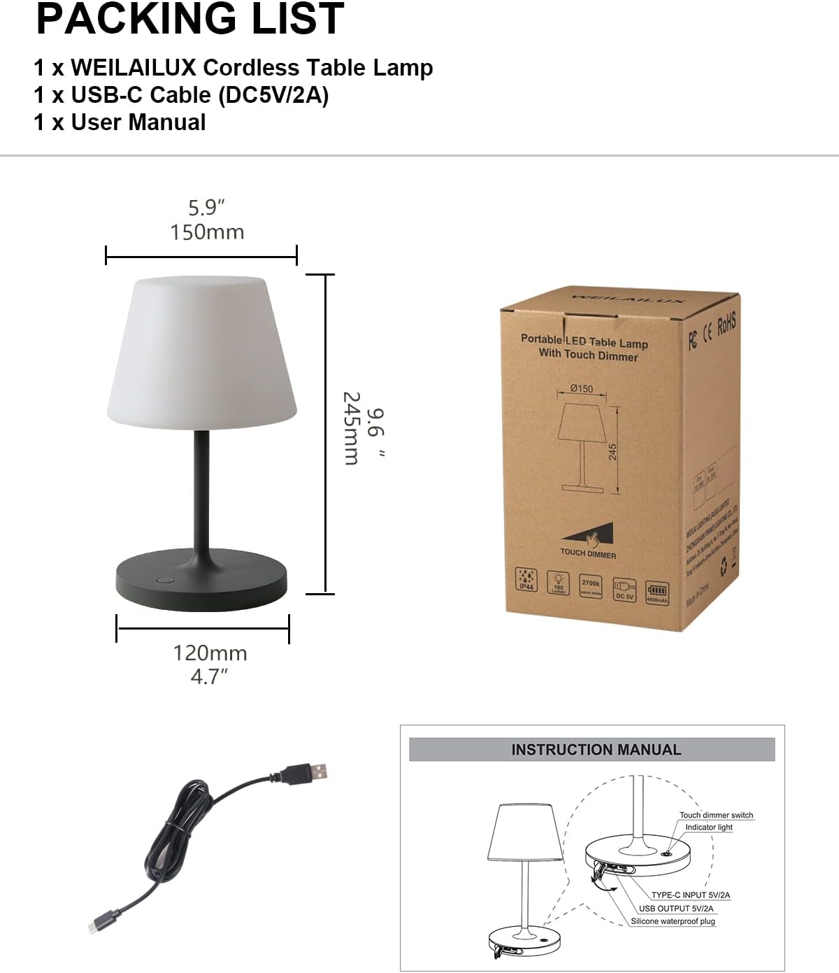 WEILAILUX Outdoor Battery Operated Table Lamp Waterproof, 4000mAh Cordless Table Lamp Rechargeable, Touch Dimmable Desk