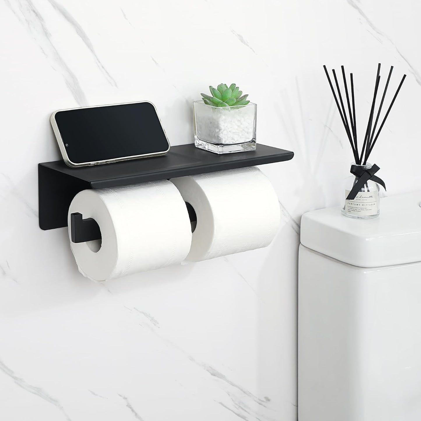 Alise Double Toilet Paper Holder with Shelf Wall Mounted,Black | Heavy Duty SUS304 Stainless Steel Toilet Paper Roll