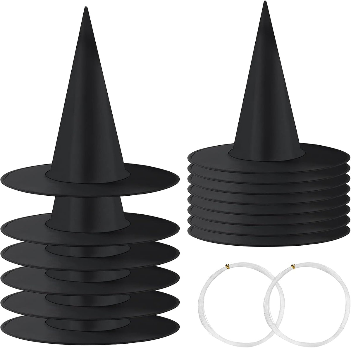 Witch Hat, 14 Pack Halloween Hanging Witch Hats with 200 Feet Hanging Rope, Witch Costume Accessory for Halloween Party Yard Decoration and Carnivals - Black